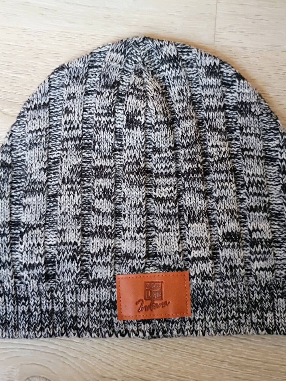 Prime Knit Beanie Hat Black Gray Marled Faux Leather Patch Cozy Winter Cap
